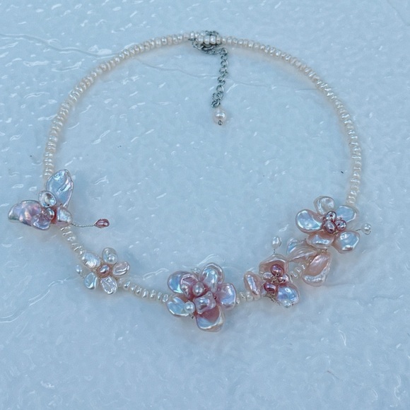 AM80 Handmade Freshwater Baroque Pearl Flower Bangle Necklace
